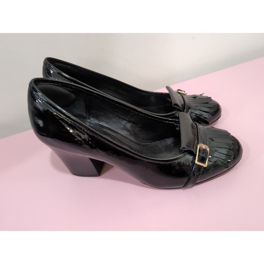 Isola Black Patent Leather Block Heels with Fringe and Gold Buckle Size 8.5